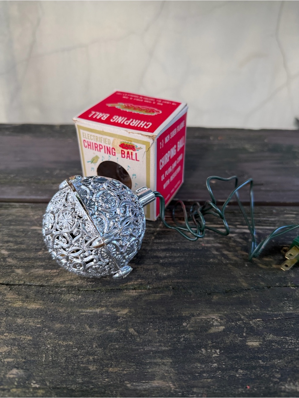 Vintage 1970s Silver Filigree Chirping Ball Christmas Ornament. Working with Box